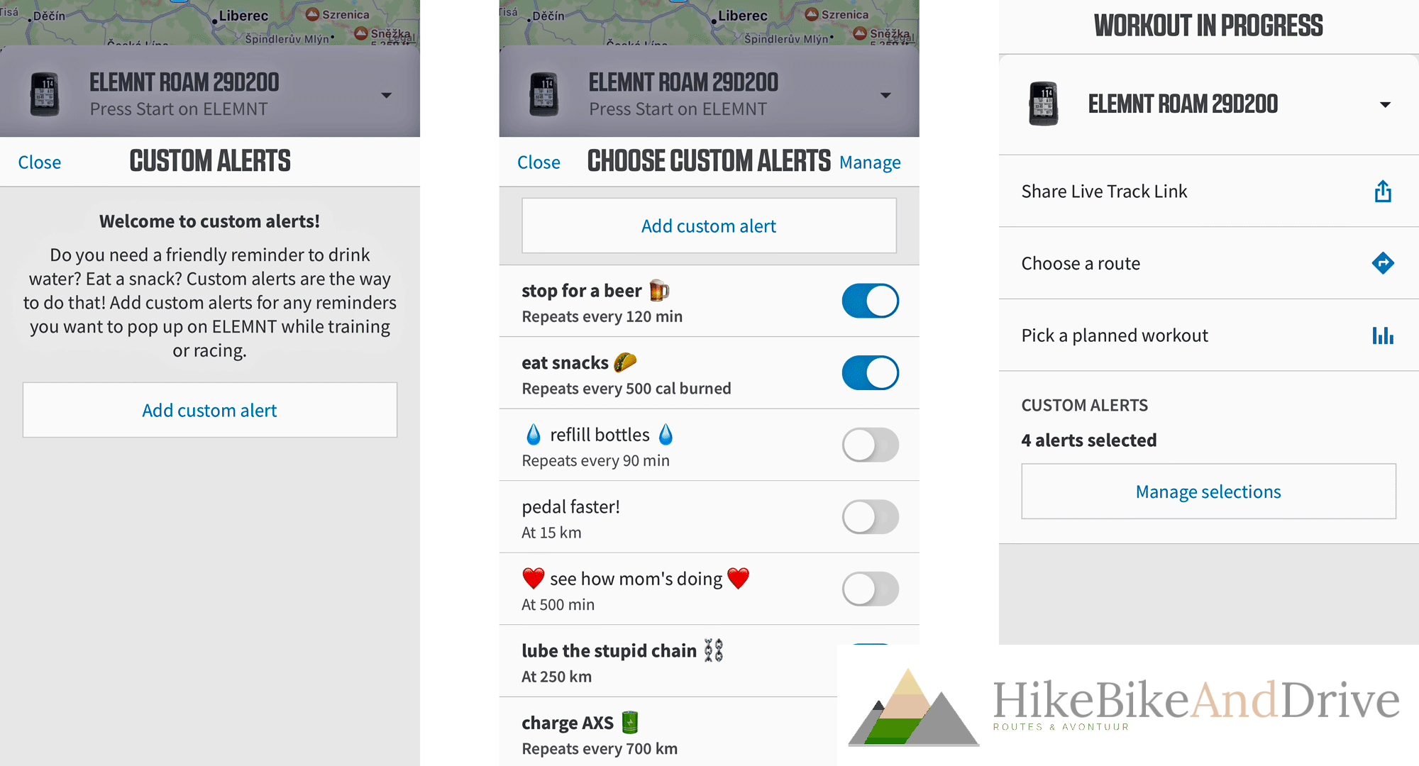 Screenshots van de Wahoo-app met de instellingen van de Bolt v2