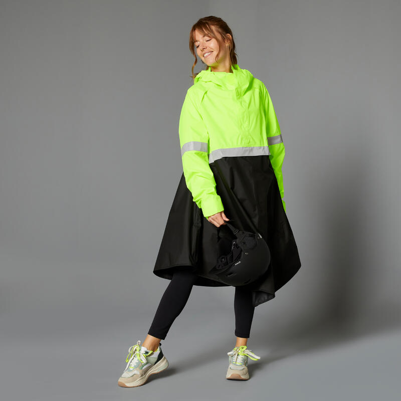 BTWIN regenponcho 560 zwart fluogeel voor op de fiets