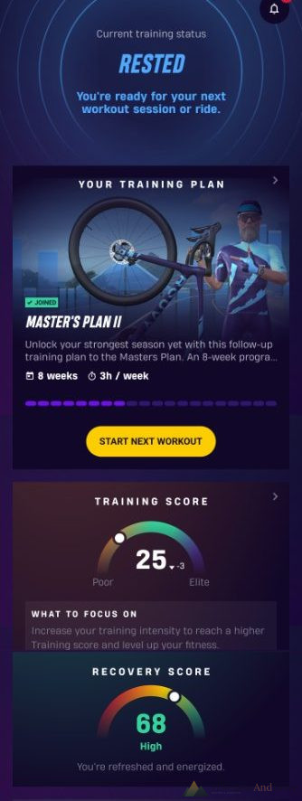 Rouvy Companion-app met trainingsstatus Rested, trainingsscore en herstelscore